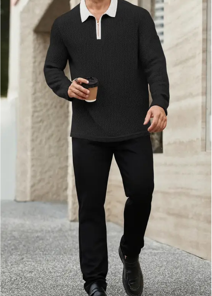Men Solid Zip Neck Cotton Blend Black T-Shirt