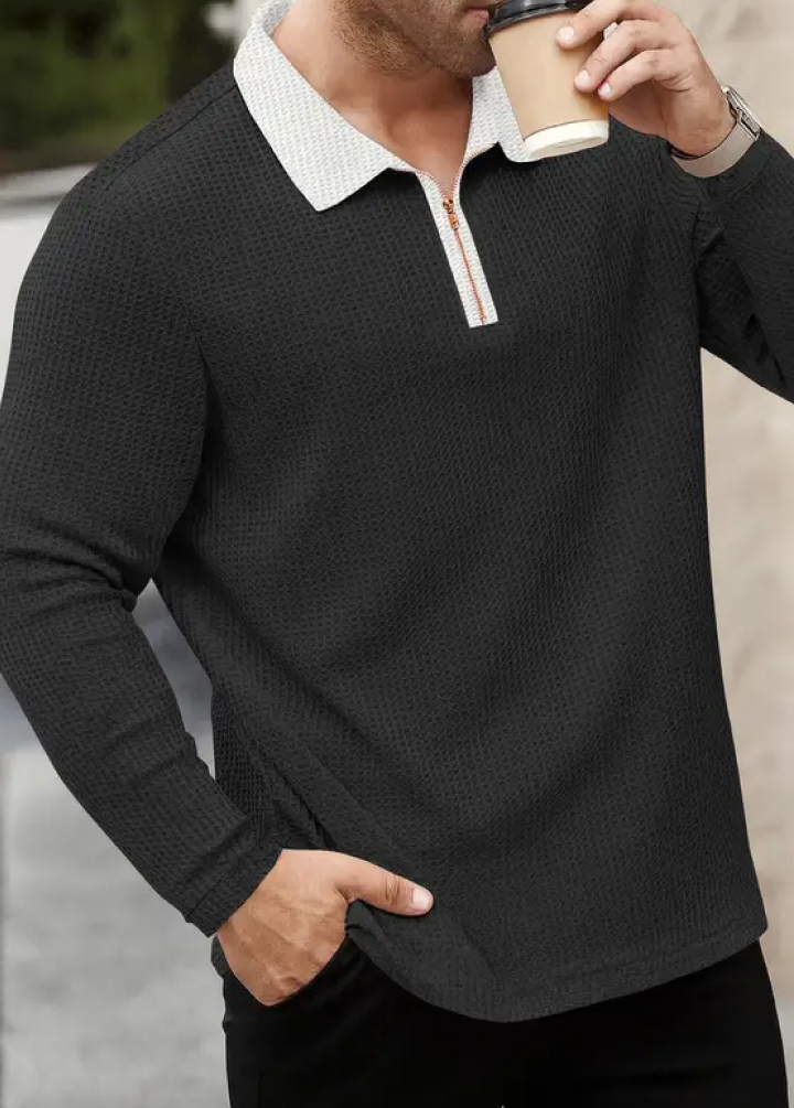 Men Solid Zip Neck Cotton Blend Black T-Shirt